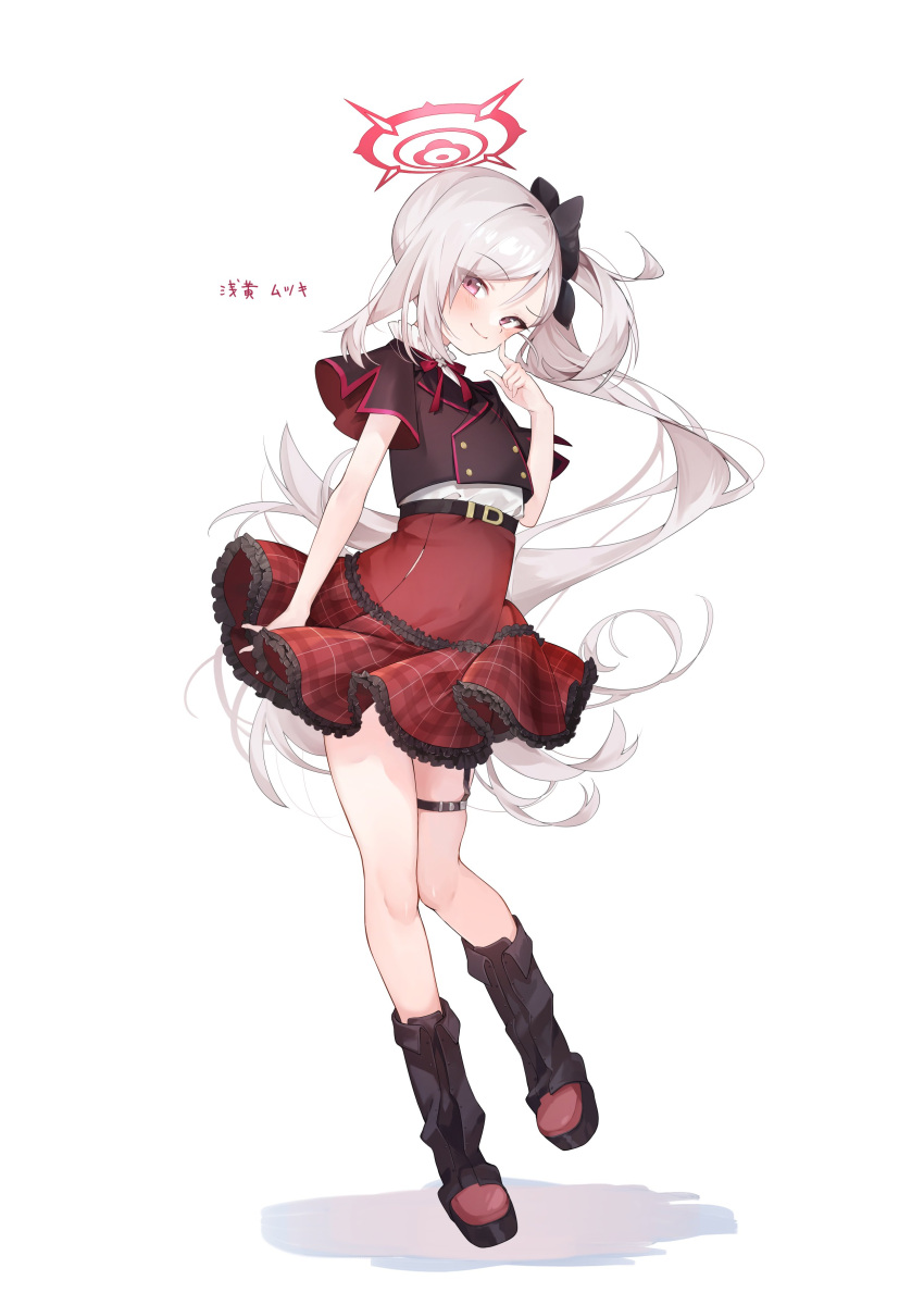 1girl absurdres black_footwear black_shirt blue_archive blush boots closed_mouth eme_(emeralda) frilled_skirt frills grey_hair halo highres long_hair looking_at_viewer mutsuki_(blue_archive) red_eyes red_halo red_skirt shirt short_sleeves side_ponytail simple_background skirt smile solo white_background