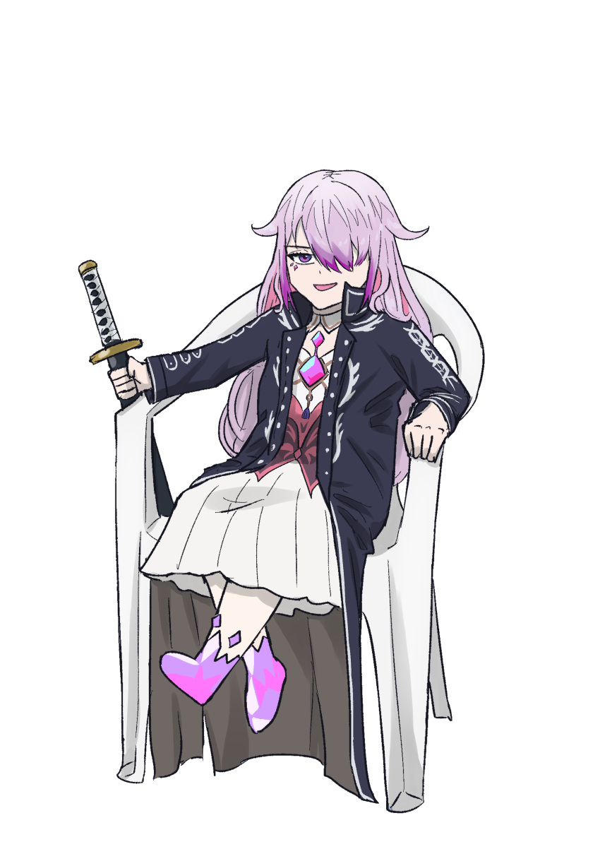 1girl absurdres alternate_costume black_jacket chair chest_jewel devil_may_cry_(series) devil_may_cry_5 dunkemz full_body gem gradient_hair grey_hair hair_over_one_eye highres holding holding_sword holding_weapon hololive hololive_english jacket koseki_bijou long_hair long_sleeves looking_at_viewer meme monobloc_(chair) multicolored_hair one_eye_covered open_mouth pink_hair purple_gemstone purple_hair simple_background sitting skirt smile solo sword vergil's_chair_(meme) very_long_hair violet_eyes virtual_youtuber weapon white_background white_skirt