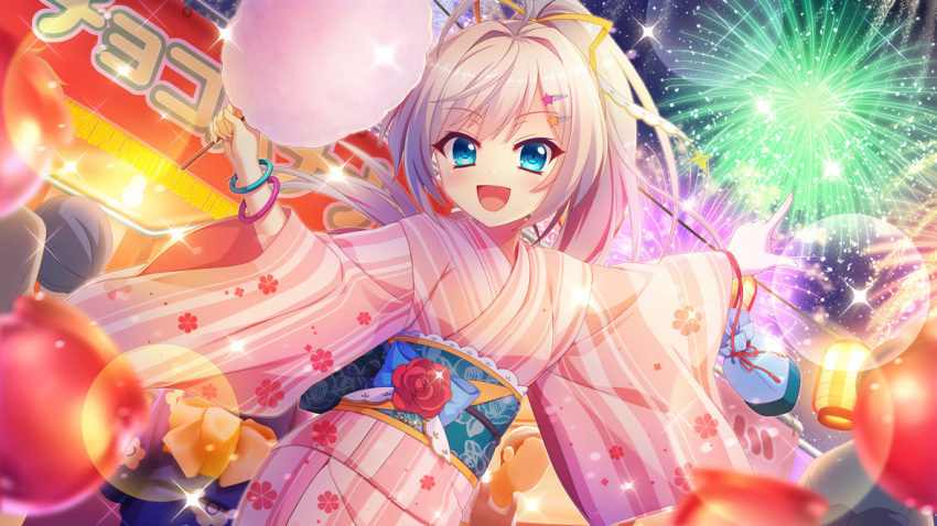 2girls 3others :d aerial_fireworks blue_eyes blue_sash blurry blurry_foreground candy_apple cotton_candy dot_nose dutch_angle film_grain fireworks floral_print flower food food_stand game_cg hair_ornament hair_ribbon hairclip himura_nagisa holding holding_food izumi_tsubasu japanese_clothes kimono lens_flare multiple_girls multiple_others night night_sky non-web_source obi official_art open_mouth outdoors pink_hair pink_kimono pointing print_kimono print_obi re:stage! red_flower red_rose ribbon rose sash sky smile solo_focus sparkle star_(symbol) striped striped_kimono summer_festival vertical-striped_kimono vertical_stripes yellow_ribbon