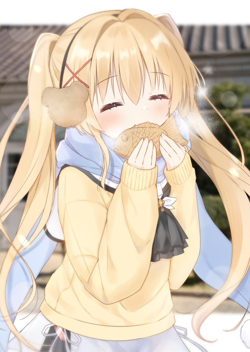 1girl ^_^ adapted_costume animal_earmuffs ascot black_ascot blonde_hair blurry blush breath closed_eyes commentary day depth_of_field earmuffs eating food hair_between_eyes hair_intakes hair_ornament hands_up happy highres holding holding_food long_hair outdoors sakura_aki school_uniform skirt sleeves_past_wrists solo summer_pockets sweater taiyaki tsumugi_wenders twintails upper_body very_long_hair wagashi white_skirt winter winter_clothes x_hair_ornament yellow_sweater
