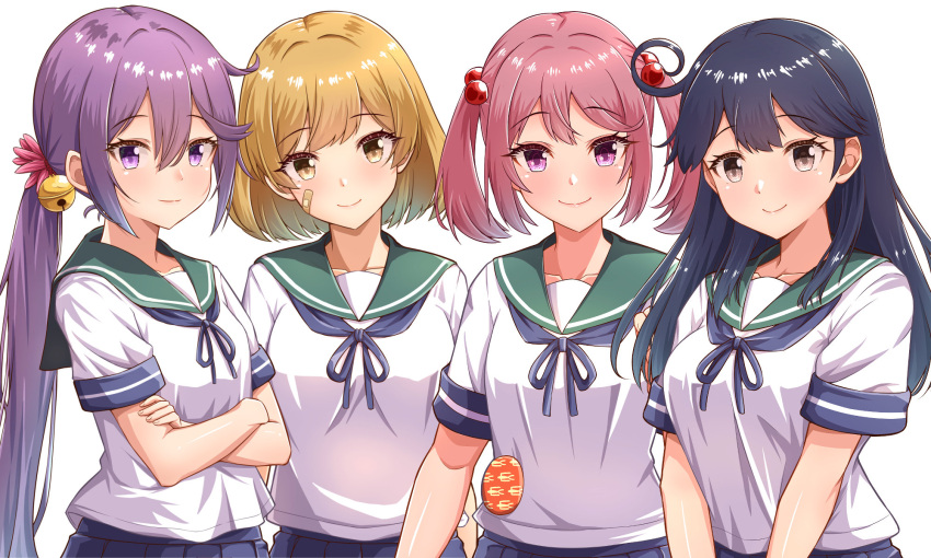 ahoge akebono_(kancolle) badge bandaid bandaid_on_face bell black_hair blue_neckerchief blue_sailor_collar blue_skirt blush breasts brown_eyes brown_hair closed_mouth collarbone commentary_request crossed_arms dated flower green_sailor_collar hair_bell hair_between_eyes hair_bobbles hair_flower hair_ornament highres jingle_bell kantai_collection large_breasts long_hair looking_at_viewer low_side_ponytail medium_breasts neck_ribbon neckerchief oboro_(kancolle) one-hour_drawing_challenge pink_eyes pink_hair pleated_skirt purple_hair ribbon sailor_collar sazanami_(kancolle) school_uniform serafuku shiromaru_(maniado) shirt short_hair short_sleeves side_ponytail sidelocks simple_background skirt smile twintails twitter_username upper_body ushio_(kancolle) very_long_hair violet_eyes white_background white_shirt