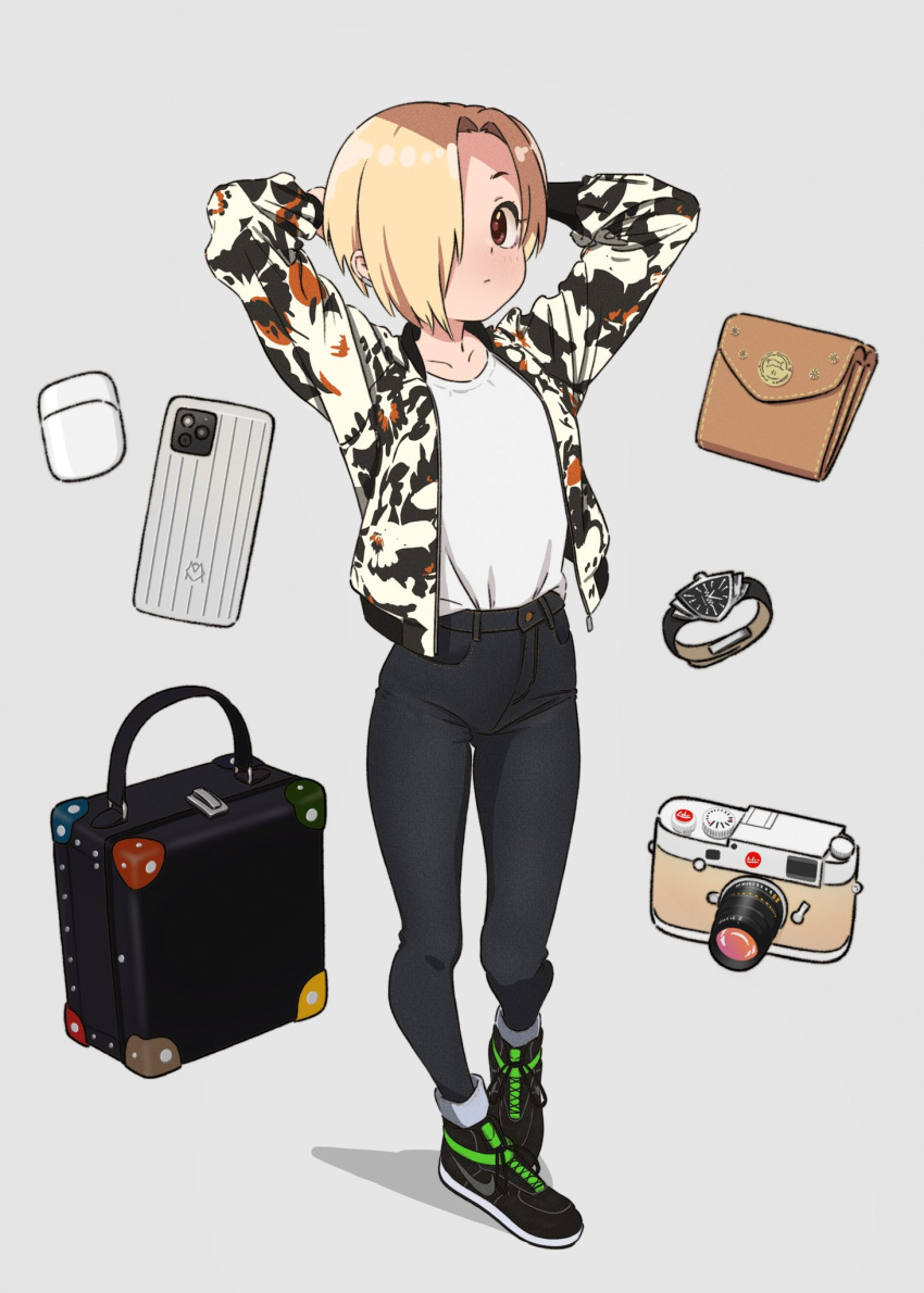 1girl arms_up blonde_hair brown_eyes camera cellphone commentary_request denim expressionless flat_chest full_body grey_background hair_over_one_eye highres idolmaster idolmaster_cinderella_girls illust_audio jacket jeans looking_at_viewer open_clothes open_jacket pants phone print_jacket shirasaka_koume shirt shirt_tucked_in shoes short_hair smartphone sneakers solo suitcase wallet watch watch white_shirt