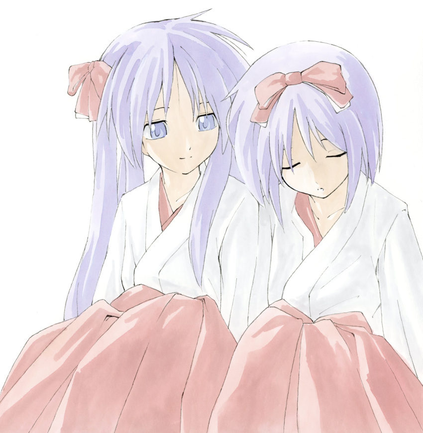 2girls blue_eyes bow closed_eyes closed_mouth commentary hair_bow hakama hakama_skirt highres hiiragi_kagami hiiragi_tsukasa iro_59 japanese_clothes kimono light_smile long_hair looking_at_another lucky_star miko multiple_girls purple_hair red_bow red_hakama short_hair siblings simple_background sisters sitting skirt sleeping sleeping_on_person smile twintails white_background white_kimono