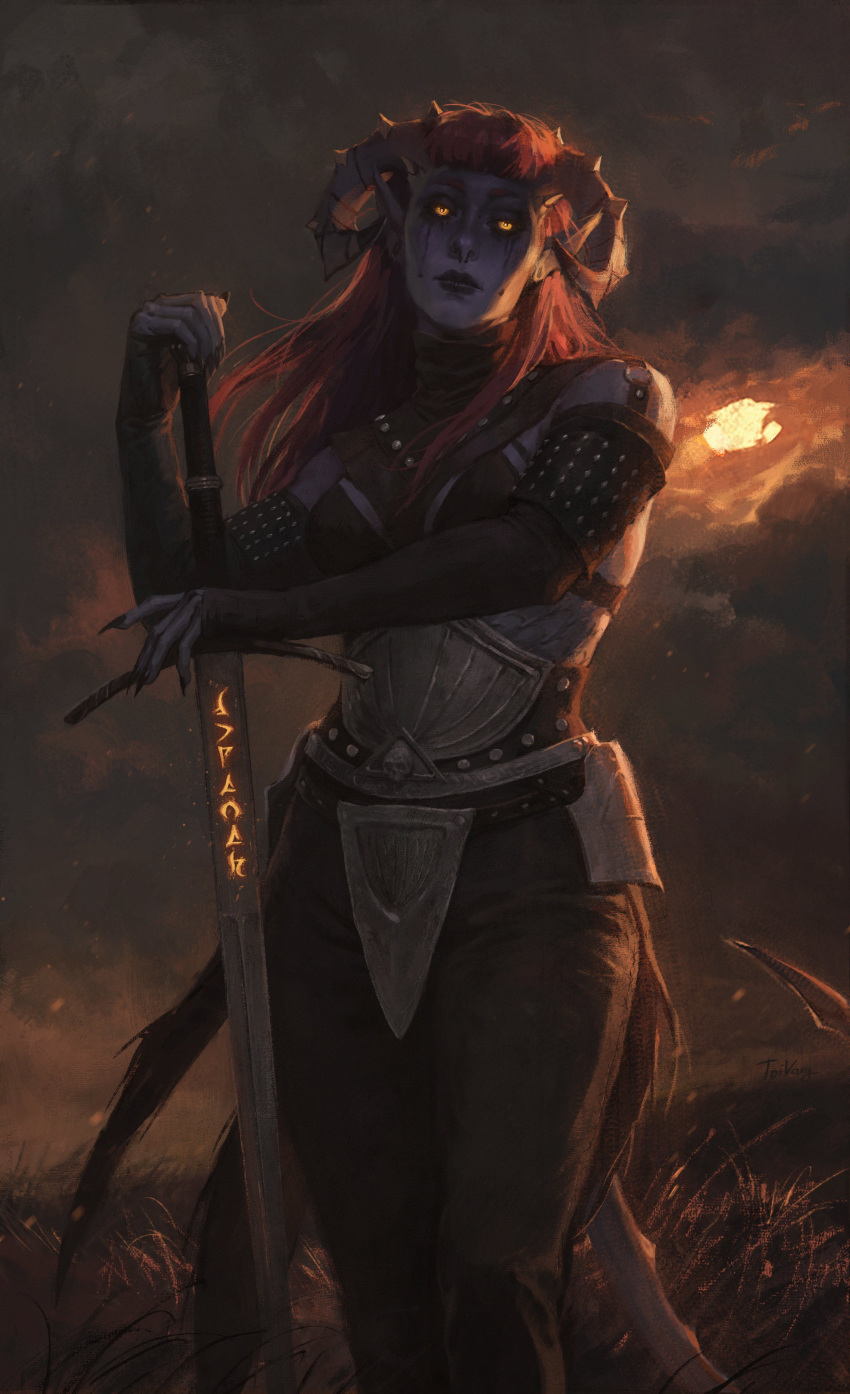 1girl absurdres armor black_pants demon_girl glowing_runes grey_sky highres holding holding_sword holding_weapon horns long_hair looking_at_viewer original outdoors pants pointy_ears redhead runes runes_on_sword sky solo sun sword toivarg weapon yellow_eyes