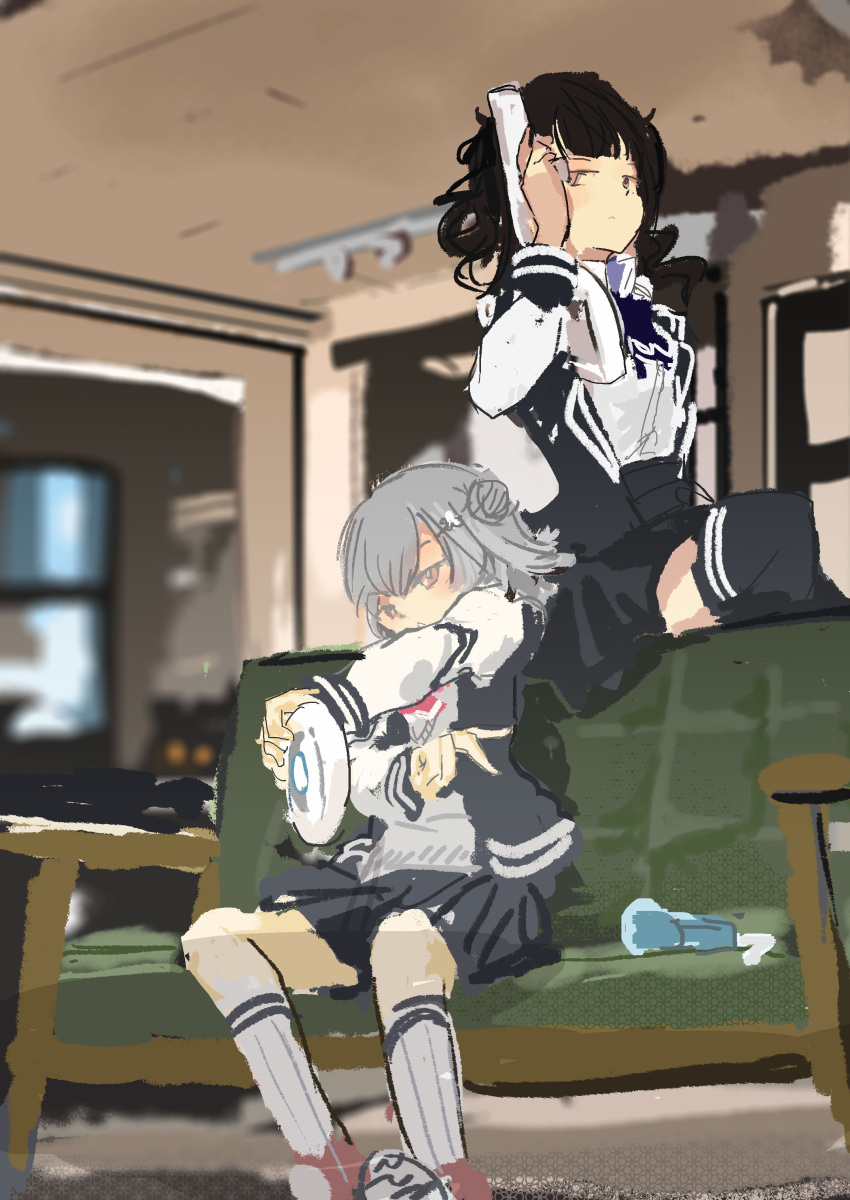 2girls absurdres alternate_hair_color behind_another black_hair black_jacket black_skirt black_thighhighs blazer blurry blurry_background blush cevio closed_mouth collared_shirt commentary_request controller couch double_bun flipped_hair game_controller grey_hair grey_sweater hair_bun hair_ornament hairclip half-closed_eyes hand_up highres holding holding_controller holding_game_controller indoors jacket kabuyama_kaigi kneehighs koharu_rikka light_gun long_hair long_sleeves looking_ahead looking_to_the_side mole mole_under_eye multicolored_clothes multicolored_jacket multiple_girls natsuki_karin on_couch open_clothes open_jacket outstretched_arm pink_eyes playing_games ribbed_socks school_uniform shirt shirt_tucked_in shoes short_hair sitting skirt sneakers socks sweater synthesizer_v tented_shirt thigh-highs twintails two-tone_jacket wavy_hair white_shirt white_sleeves white_socks wii_racing_wheel wii_remote wii_zapper