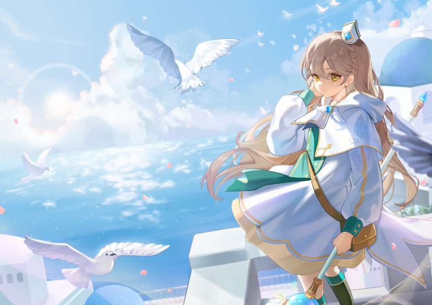 1girl absurdres bird bishop_(maplestory) blue_gemstone blue_sky braid brooch building capelet chinese_commentary clouds day dress gem hat highres holding holding_staff hood hood_down hooded_capelet jewelry kneehighs light_brown_hair long_hair long_sleeves maplestory mini_hat mitre ocean ookami_ookami outdoors parted_lips petals puffy_long_sleeves puffy_sleeves railing sky socks solo staff standing sun water white_capelet white_dress white_headwear yellow_eyes