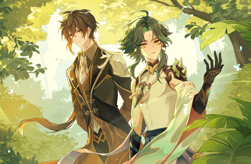 2boys ahoge bishounen black_gloves brown_hair chinese_clothes cowboy_shot ebf7l genshin_impact gloves green_hair highres jewelry male_focus multiple_boys necklace pearl_necklace short_hair xiao_(genshin_impact) yellow_eyes zhongli_(genshin_impact)