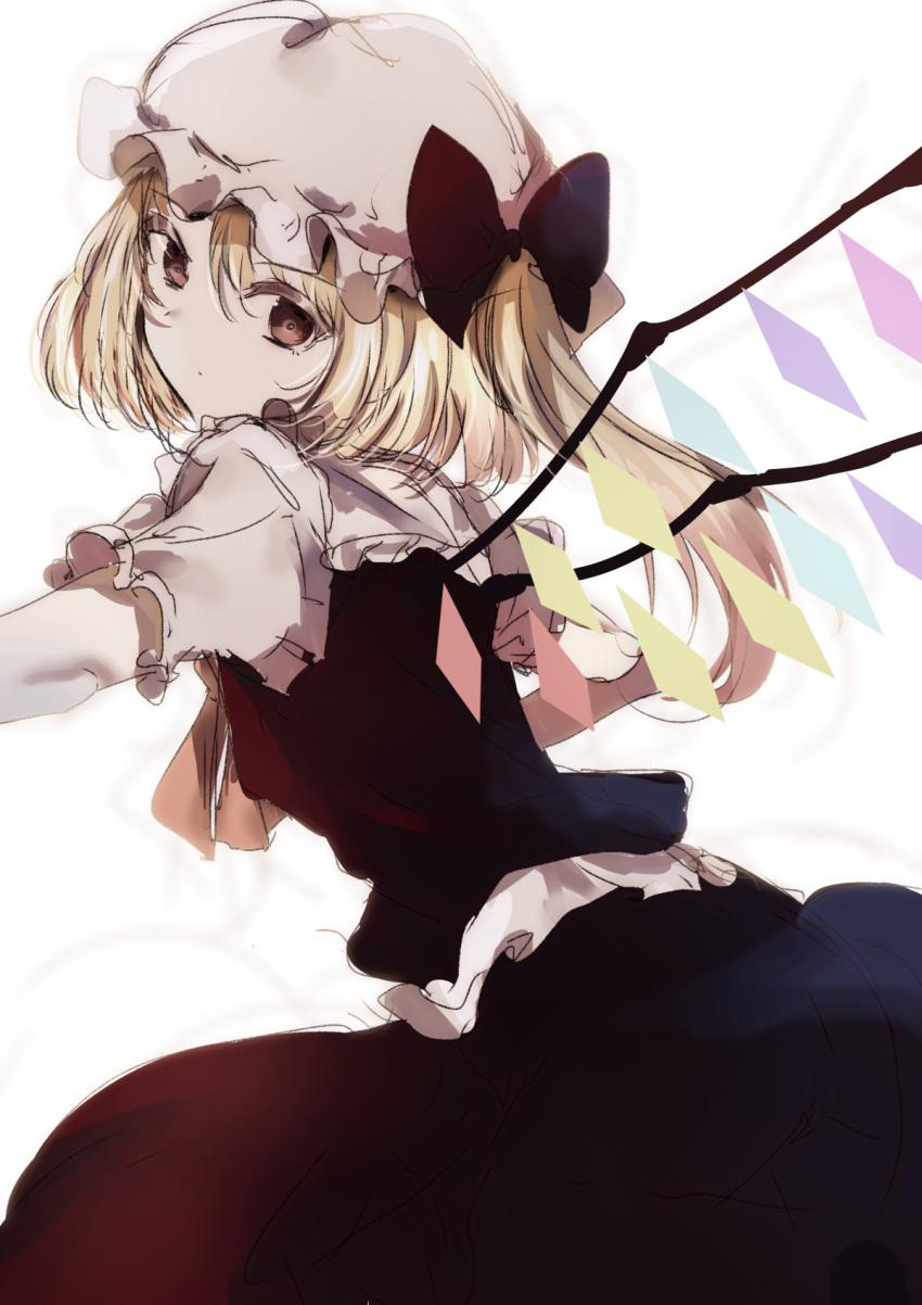 1girl blonde_hair bow bowtie crystal embodiment_of_scarlet_devil flandre_scarlet from_behind highres natsume_suzuri red_bow red_bowtie red_eyes short_hair simple_background solo touhou white_background