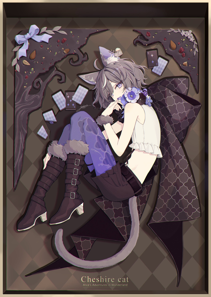 1other absurdres ahoge akakura alice_in_wonderland androgynous animal_ear_fluff animal_ears bare_shoulders belt black_belt boots brown_footwear brown_hair brown_shorts cat_ears cat_tail character_name cheshire_cat_(alice_in_wonderland) fang full_body highres knee_boots looking_at_viewer multicolored_hair open_mouth short_hair shorts sleeveless smile solo streaked_hair symbol-shaped_pupils tail violet_eyes white_hair