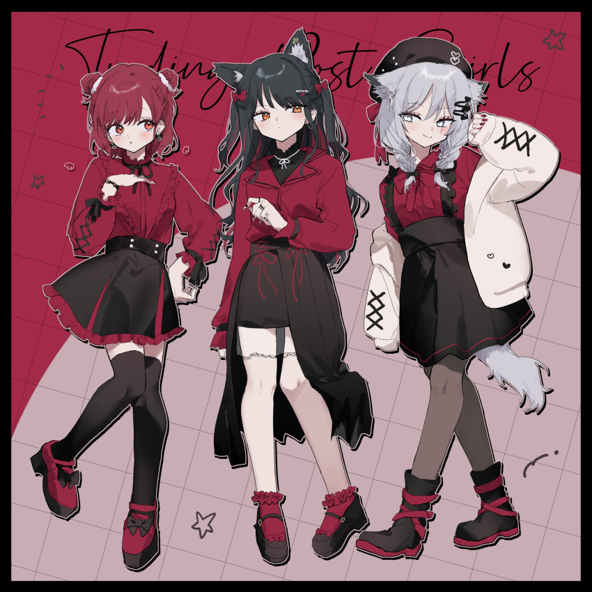 3girls :o alternate_costume animal_ear_fluff animal_ear_piercing animal_ears ankle_socks arknights beret black_bow black_footwear black_hair black_headwear black_nails black_pantyhose black_ribbon black_shirt black_skirt black_thighhighs blazer blouse blush boots bow bracelet braid buttons closed_mouth collared_shirt commentary_request contrapposto criss-cross_strings cursive double_bun ear_piercing earrings english_text expressionless extra_ears exusiai_(arknights) eyelashes facing_viewer fang fingernails footwear_bow frilled_shirt frilled_skirt frilled_sleeves frilled_socks frills full_body grey_eyes grey_hair grey_tail grid_background hair_between_eyes hair_bow hair_bun hair_ornament hairclip hand_on_own_chest hand_on_own_hip hand_up hat hat_ornament hat_ribbon heart heart_earrings heart_hair_ornament high-waist_skirt highres invisible_floor jacket jewelry knees knees_together_feet_apart lace-trimmed_thighhighs lace_trim lapels lappland_(arknights) leg_up legs light_blush lolita_fashion long_fingernails long_hair long_sleeves looking_at_another looking_to_the_side low_twin_braids mary_janes match_bou_(match_match03) medium_skirt miniskirt motion_lines multicolored_hair multiple_girls multiple_rings nail_polish neck_ribbon notched_lapels notice_lines open_clothes open_jacket orange_eyes outline over-kneehighs pantyhose parted_lips piercing pink_background pleated_skirt puffy_long_sleeves puffy_sleeves red_background red_bow red_footwear red_jacket red_nails red_ribbon red_shirt red_socks redhead ribbon ring scar scar_across_eye scar_on_face scrunchie see-through see-through_thighhighs shadow shirt shoes short_hair sidelocks skirt sleeves_past_wrists smile socks standing standing_on_one_leg star_(symbol) straight_hair streaked_hair suspender_skirt suspenders tail texas_(arknights) thigh-highs twin_braids twintails two-tone_background two-tone_hair unworn_jacket very_long_hair waist_cape walking white_jacket white_outline wing_collar wolf_ears wolf_girl wolf_tail wrist_ribbon zettai_ryouiki