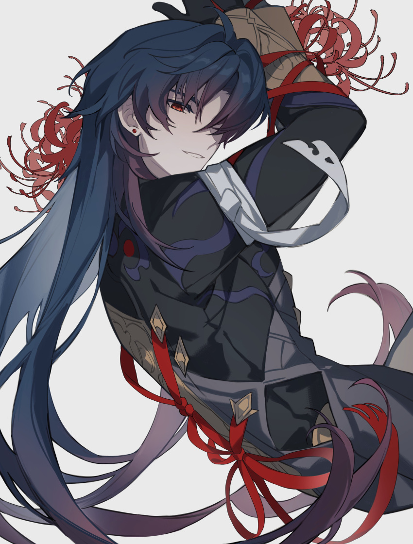1boy absurdres bishounen black_hair blade_(honkai:_star_rail) bound bound_arms chinese_clothes ear_piercing ebf7l flower hair_over_one_eye highres honkai:_star_rail honkai_(series) long_hair male_focus piercing red_eyes red_rope rope simple_background smirk solo spider_lily white_background
