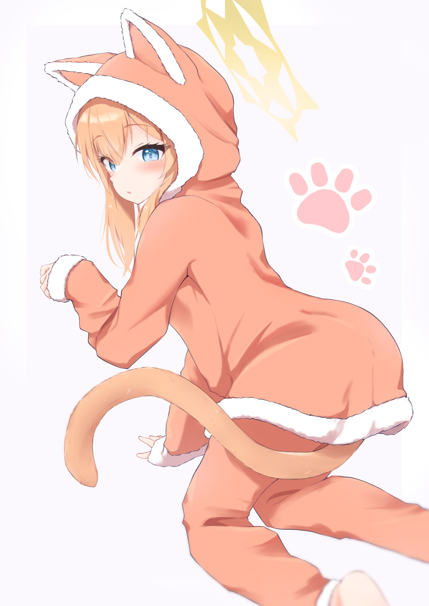 1girl absurdres alternate_costume animal_ear_hood blue_archive blue_eyes blush cat_tail hair_between_eyes halo highres hood hoodie karupa_(karupapon) long_sleeves looking_at_viewer mari_(blue_archive) orange_hair orange_hoodie orange_pants pants parted_lips paw_print simple_background solo tail white_background yellow_halo
