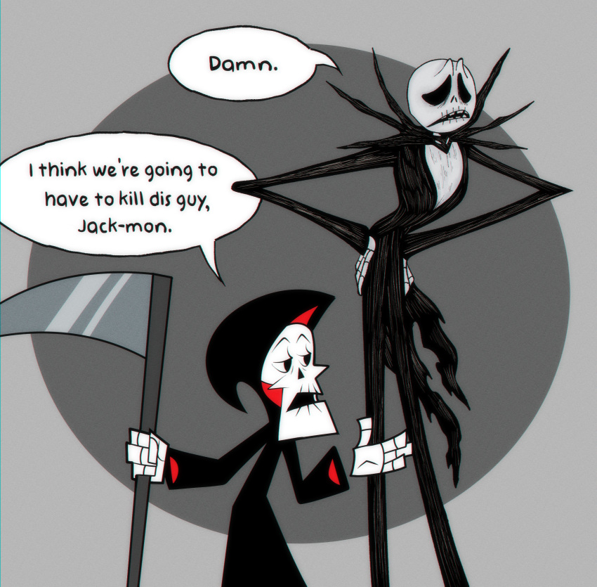 2boys absurdres commentary crossover english_commentary english_text grey_background grim_(grim_adventures) highres holding holding_scythe i_think_we're_gonna_have_to_kill_this_guy_steven_(meme) jack_skellington meme multiple_boys pinstripe_pattern pinstripe_suit rasbipac scythe skeleton speech_bubble striped suit the_grim_adventures_of_billy_&amp;_mandy the_nightmare_before_christmas two-tone_background