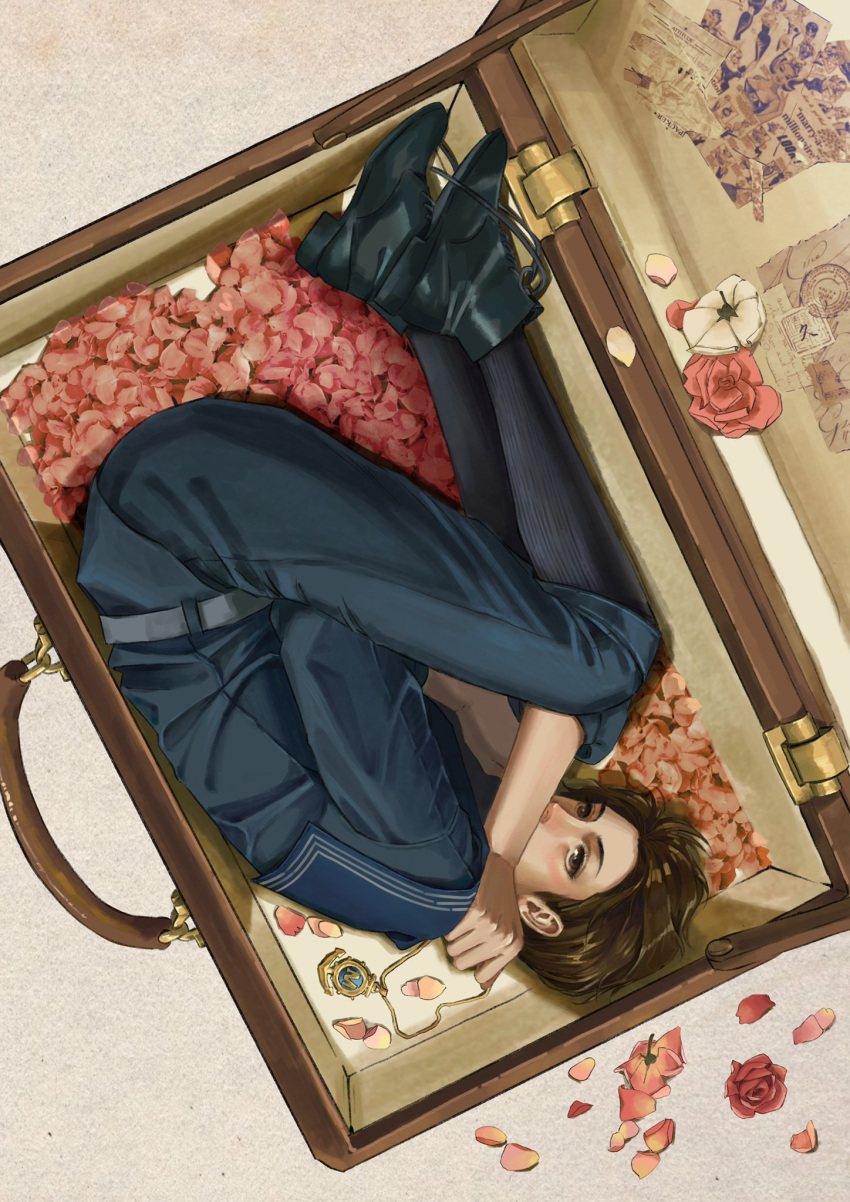 1boy bishounen brown_hair flower from_above green_eyes highres lies_of_p lying male_focus moonlitmelody petals pinocchio_(lies_of_p) red_flower red_rose rose rose_petals sailor_collar sailor_shirt shirt short_hair solo suitcase