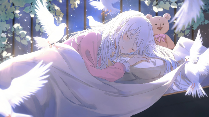 1girl bed blanket closed_eyes grey_hair highres liv_(punishing:_gray_raven) long_hair long_sleeves lying pajamas pink_pajamas punishing:_gray_raven sleeping solo stuffed_animal stuffed_toy teddy_bear under_covers white_dove