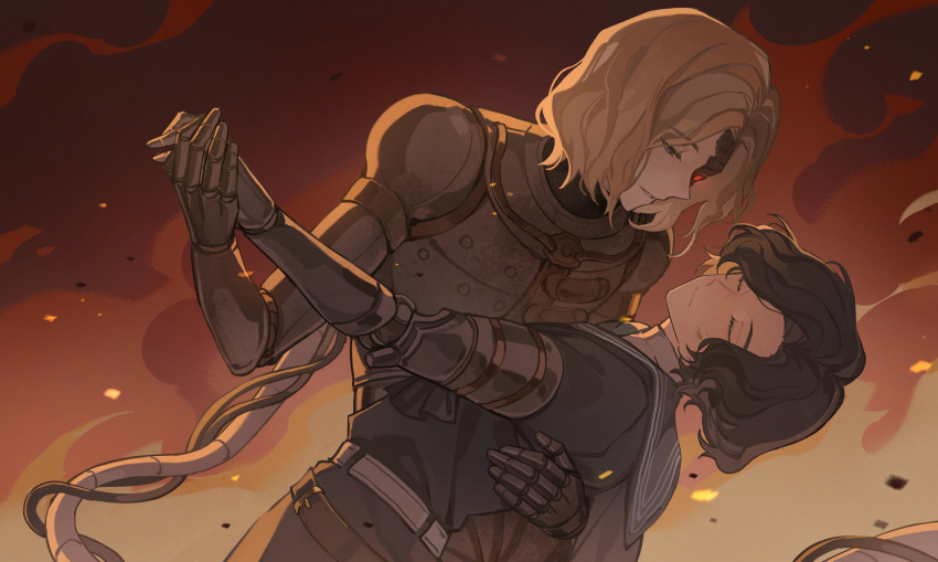 2boys absurdres armor bishounen blonde_hair brown_hair character_request closed_eyes cowboy_shot dancing ebf7l hand_on_another's_back highres holding_another's_arm lies_of_p male_focus multiple_boys pinocchio_(lies_of_p) short_hair