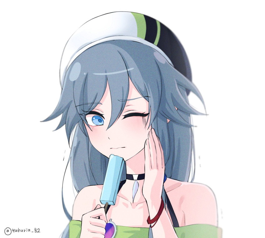 1girl artist_name blue_eyes blue_hair casual closed_mouth food fu_hua fu_hua_(night_squire) fu_hua_(spring_traveler) green_shirt grey_hair hair_between_eyes hat highres honkai_(series) honkai_impact_3rd ice_cream long_hair low-tied_long_hair low_ponytail off-shoulder_shirt off_shoulder official_alternate_costume ponytail shirt simple_background solo upper_body white_background white_headwear yuhuria_52