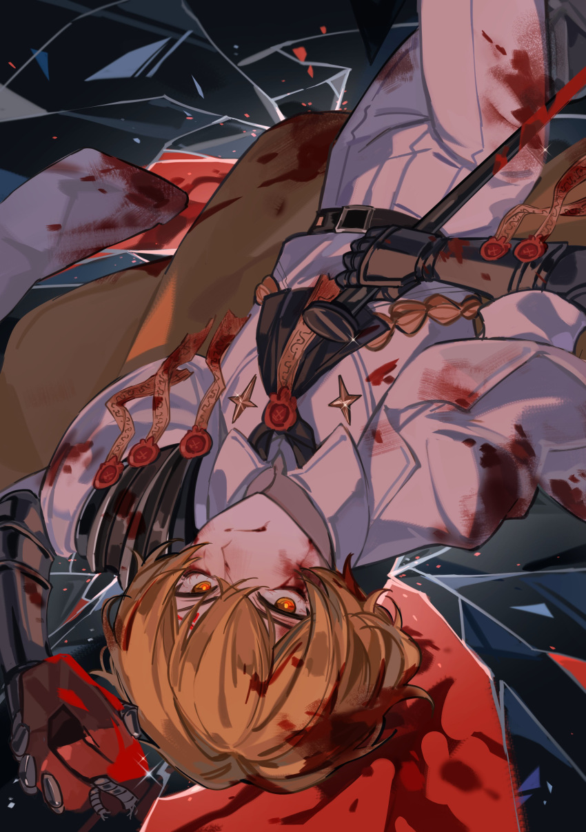 1boy absurdres bishounen blonde_hair blood blood_on_clothes blood_on_face ebf7l gauntlets highres limbus_company lying male_focus neckerchief project_moon sinclair_(project_moon) solo suit white_suit