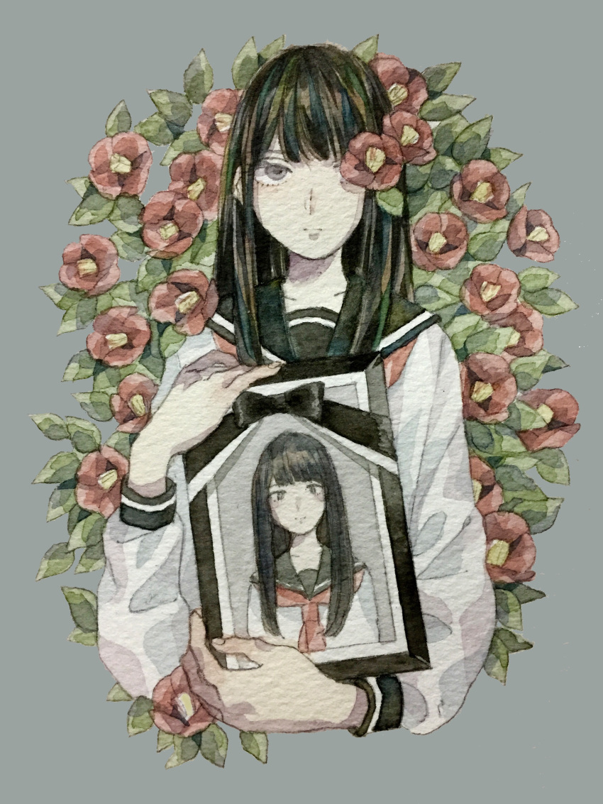 1girl absurdres black_bow black_eyes black_hair black_sailor_collar bow closed_mouth commentary cropped_torso flower flower_over_eye flower_request grey_background highres holding long_hair long_sleeves looking_at_viewer neckerchief original picture_frame red_flower red_neckerchief sailor_collar school_uniform serafuku shirt sidelocks simple_background solo sunago_(7100nu) upper_body white_shirt