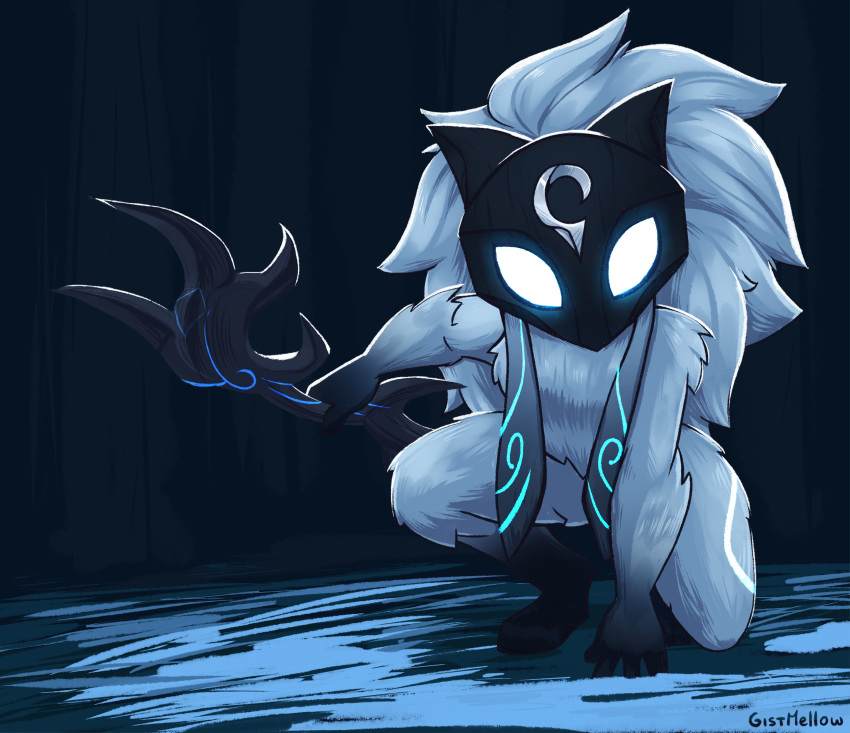 1girl absurdres animal_ears black_skin body_fur bow_(weapon) colored_skin forest furry furry_female gistmellow glowing glowing_eyes grey_fur highres holding holding_bow_(weapon) holding_weapon kindred_(league_of_legends) lamb_(league_of_legends) league_of_legends mask nature night on_one_knee outdoors sheep_ears solo tree weapon