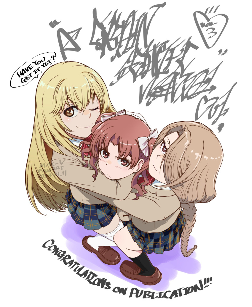 ;) artist_name black_footwear blazer blonde_hair bow bowtie braid braided_ponytail brown_eyes brown_footwear brown_hair brown_jacket closed_mouth collared_shirt commentary_request dated english_text frown girl_sandwich gloves group_hug hair_between_eyes hair_bow hair_over_one_eye highres hug jacket kamino_(toaru_kagaku_no_mental_out) loafers long_hair long_sleeves looking_at_viewer mac-v multiple_girls one_eye_closed plaid plaid_skirt red_bow red_bowtie sandwiched school_uniform shirai_kuroko shirt shoes shokuhou_misaki skirt smile sparkling_eyes speech_bubble square_pupils toaru_kagaku_no_mental_out toaru_kagaku_no_railgun toaru_majutsu_no_index tokiwadai_school_uniform twintails violet_eyes white_background white_bow white_gloves white_shirt winter_uniform
