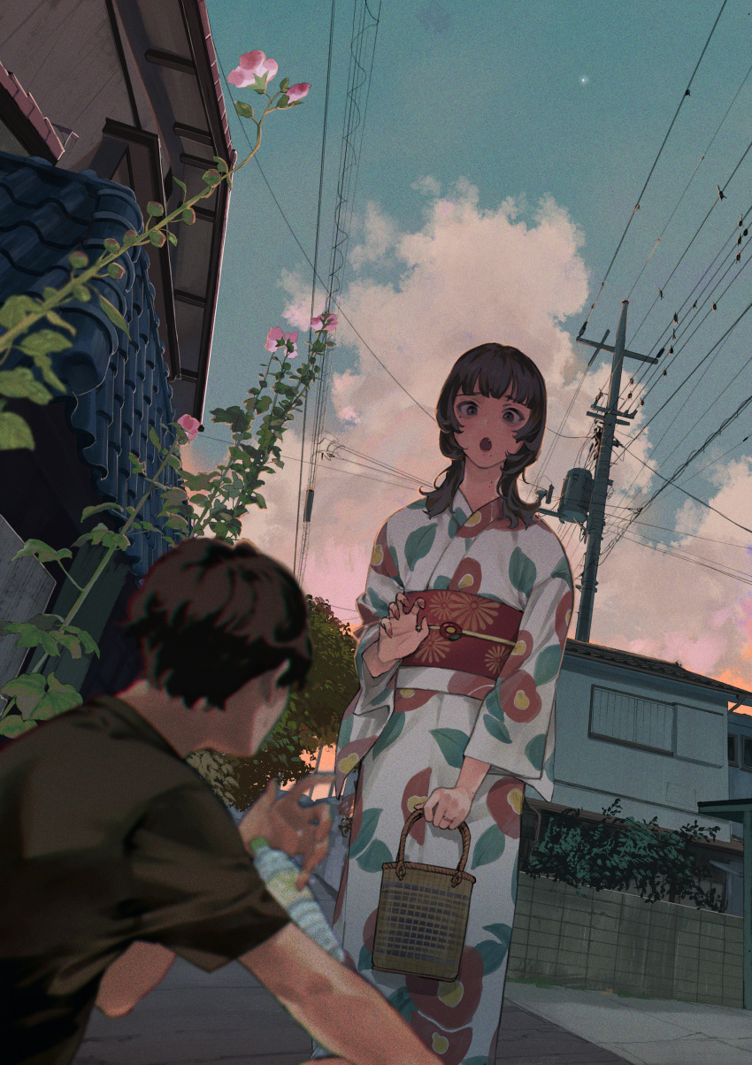 1boy 1girl absurdres basket black_shirt blue_eyes bottle brown_hair character_request chromatic_aberration clouds commentary cumulonimbus_cloud dropping fingernails floral_print flower highres holding holding_basket house japanese_clothes jewelry kento_matsuura kimono long_hair long_sleeves looking_at_another mole mole_on_neck mole_under_eye mole_under_mouth moon open_mouth outdoors phantom_seer pink_flower plant red_nails ring shirt sitting surprised sweat t-shirt utility_pole water_bottle wide_sleeves