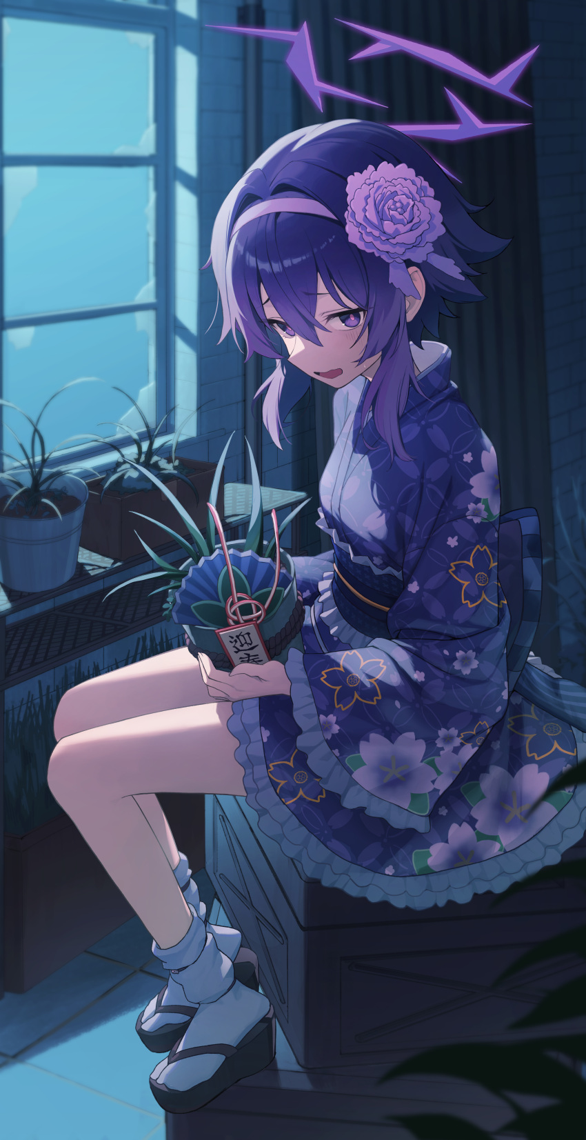 1girl absurdres blue_archive floral_print frilled_sleeves frills goeleu hair_between_eyes halo haruka_(blue_archive) haruka_(new_year)_(blue_archive) highres indoors japanese_clothes kimono long_sleeves medium_hair obi official_alternate_costume open_mouth plant potted_plant print_kimono purple_hair purple_halo purple_kimono sash sitting socks solo violet_eyes white_socks wide_sleeves window