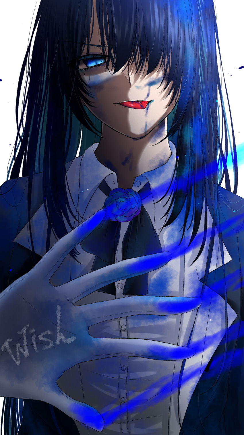 1girl ado_(utaite) black_bow black_bowtie black_hair black_jacket blue_eyes blue_flower blue_hair blue_rose bow bowtie chando_(ado) cloud_nine_inc collared_shirt colored_inner_hair commentary_request dress_shirt english_commentary english_text flower flower_brooch gloves hair_over_one_eye highres jacket long_hair looking_at_viewer mixed-language_commentary mole mole_under_eye multicolored_hair open_mouth paint_on_body paint_on_clothes rose shirt shoko_(gs_music11) solo teeth tongue tongue_out upper_body upper_teeth_only utaite white_background white_gloves white_shirt