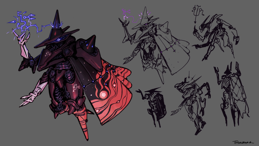 absurdres armor black_armor concept_art extra_arms fantasy glowing glowing_eyes grey_background hat highres lancer_rpg magic magic_circle mecha one-eyed original prototype_design reference_sheet robot science_fiction sigil sketch tfinnbarr violet_eyes witch witch_hat