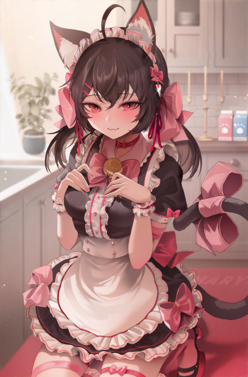 1girl absurdres ahoge animal_ears apron bell blush bow brown_hair cat_ears cat_girl cat_tail choker dress frilled_apron frilled_dress frills hair_bow highres indoors kneeling long_hair maid maid_headdress original pink_bow pink_eyes solo tail thigh-highs thighs twintails zerocat