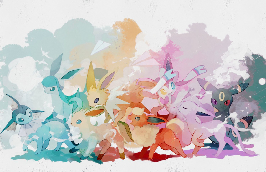 abstract_background animal_focus bird blue_eyes blue_sky closed_eyes closed_mouth commentary_request double_exposure espeon fang fins flareon fluffy frills from_side glaceon gradient_background grey_eyes head_fins heterochromia jolteon leafeon li04r looking_ahead looking_at_another looking_back moon night night_sky open_mouth paper_airplane pokemon pokemon_(creature) rainbow_order red_eyes sky slit_pupils star_(sky) straight-on sylveon teeth umbreon upper_teeth_only vaporeon violet_eyes walking yellow_eyes