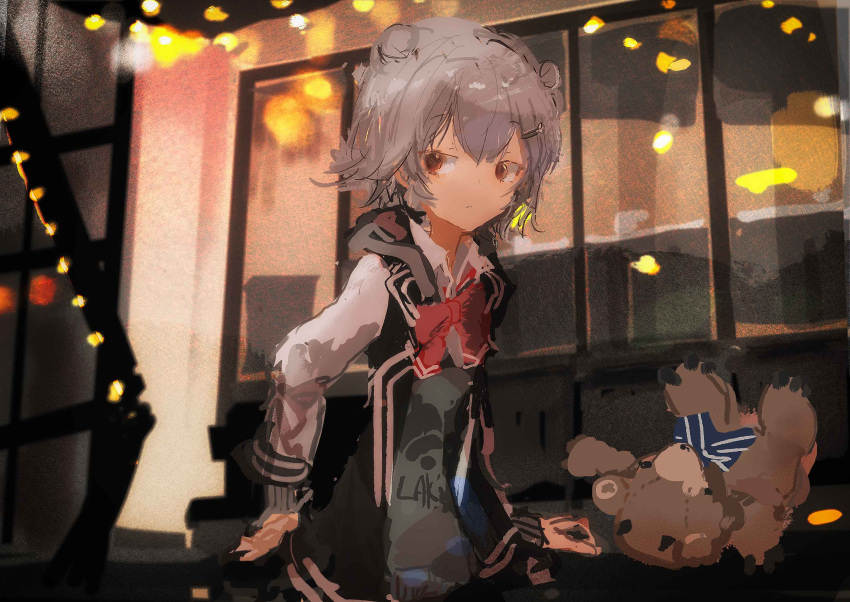 1girl black_jacket black_skirt blazer bow bowtie brown_eyes cevio closed_mouth collared_shirt commentary_request cowboy_shot double_bun expressionless film_grain flipped_hair grey_hair grey_hoodie hair_bun hair_ornament hairclip highres hood hood_down hoodie jacket jacket_over_hoodie kabuyama_kaigi koharu_rikka lakiston lights long_sleeves looking_to_the_side multicolored_clothes multicolored_jacket open_clothes open_jacket raised_eyebrows red_bow red_bowtie school_uniform shirt short_hair skirt solo stuffed_animal stuffed_toy synthesizer_v teddy_bear two-tone_jacket white_sleeves window