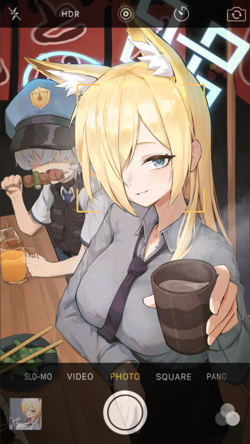 2girls 723_chfhrqur absurdres animal_ear_fluff animal_ears black_necktie blonde_hair blue_archive blue_eyes blue_halo blush breasts collared_shirt cup fake_phone_screenshot fake_screenshot food food_stand grey_hair grey_shirt hair_over_one_eye halo highres holding holding_cup kanna_(blue_archive) large_breasts long_hair long_sleeves multiple_girls necktie open_mouth shirt smile valkyrie_police_academy_student_(blue_archive) yakitori yatai