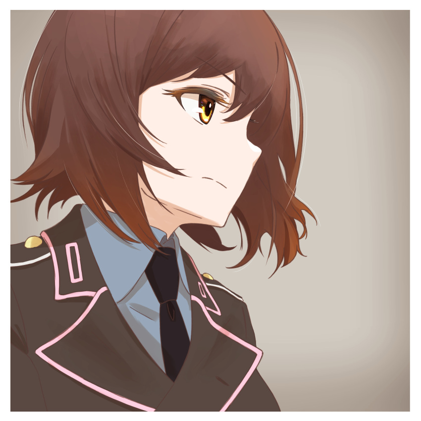 1girl absurdres black_jacket black_necktie brown_eyes brown_hair closed_mouth dress_shirt frown girls_und_panzer grey_background grey_shirt highres jacket lapels long_sleeves looking_to_the_side military_uniform necktie niedersachsen_military_uniform nishizumi_maho notched_lapels oritako shirt short_hair simple_background solo uniform wing_collar