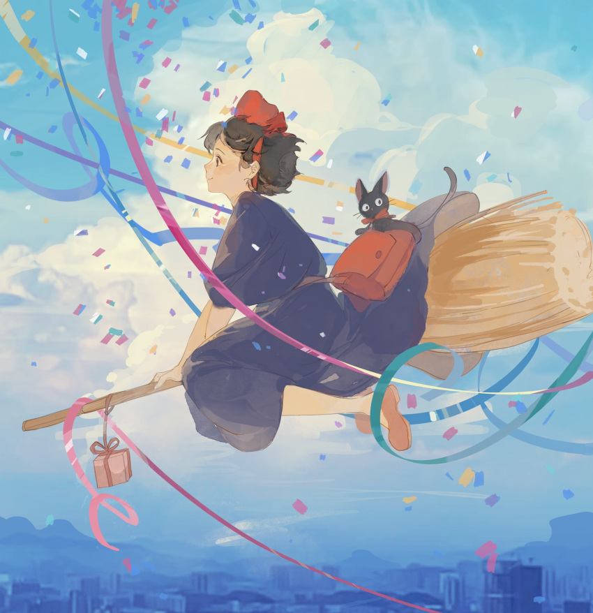 1girl absurdres bag black_cat black_eyes black_hair black_robe blue_sky bow_hairband box broom broom_riding brown_footwear cat city cityscape clouds commentary confetti flying from_side full_body gift gift_box hairband highres jiji_(majo_no_takkyuubin) kiki_(majo_no_takkyuubin) loafers looking_ahead majo_no_takkyuubin midair mountain procreate_(medium) profile red_bag red_hairband robe shoes short_hair shoulder_bag sky smile solo symbol-only_commentary witch yamasakiu
