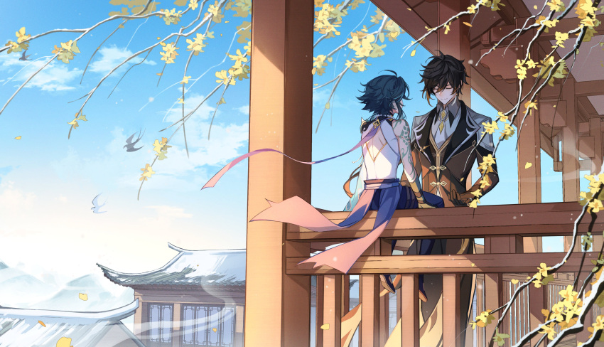 2boys absurdres architecture bishounen blue_sky brown_hair chinese_clothes east_asian_architecture ebf7l from_behind genshin_impact ginkgo_leaf highres leaf male_focus multiple_boys outdoors short_hair sitting sky xiao_(genshin_impact) zhongli_(genshin_impact)