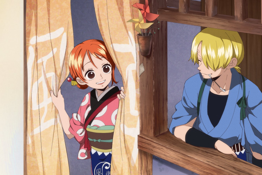 1boy 1girl blonde_hair blue_kimono brown_eyes closed_eyes curtains hair_ornament hair_over_one_eye japanese_clothes kimono nami_(one_piece) one_piece open_mouth orange_hair pink_kimono pori_(kmt_pori) sanji_(one_piece) smile