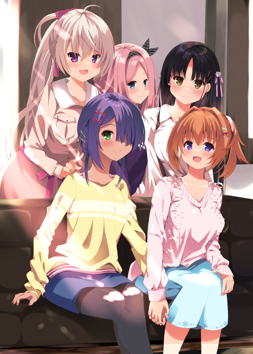 5girls :d ahoge akizuki_kanna aqua_eyes aqua_skirt arm_at_side black_hair black_pantyhose black_ribbon blue_skirt blush bow breasts c: cafe_stella_to_shinigami_no_chou casual closed_mouth collared_shirt commentary cowboy_shot earrings eyes_visible_through_hair feet_out_of_frame frown green_eyes hair_between_eyes hair_bow hair_intakes hair_ornament hair_ribbon hairclip highres hiuchidani_mei holding_hands indoors jewelry large_breasts light_brown_hair long_hair looking_at_viewer minase_kaya mole mole_under_eye multiple_girls open_mouth orange_hair pantyhose parted_bangs pencil_skirt pink_hair pink_ribbon pink_sweater ponytail purple_hair red_bow ribbon shiki_natsume shioyama_suzune shirt short_hair_with_long_locks side_ponytail sitting skirt sleeves_past_wrists smile split_mouth standing straight_hair stud_earrings sumizome_nozomi sweater v very_long_hair violet_eyes white_shirt x_hair_ornament yellow_eyes yellow_sweater