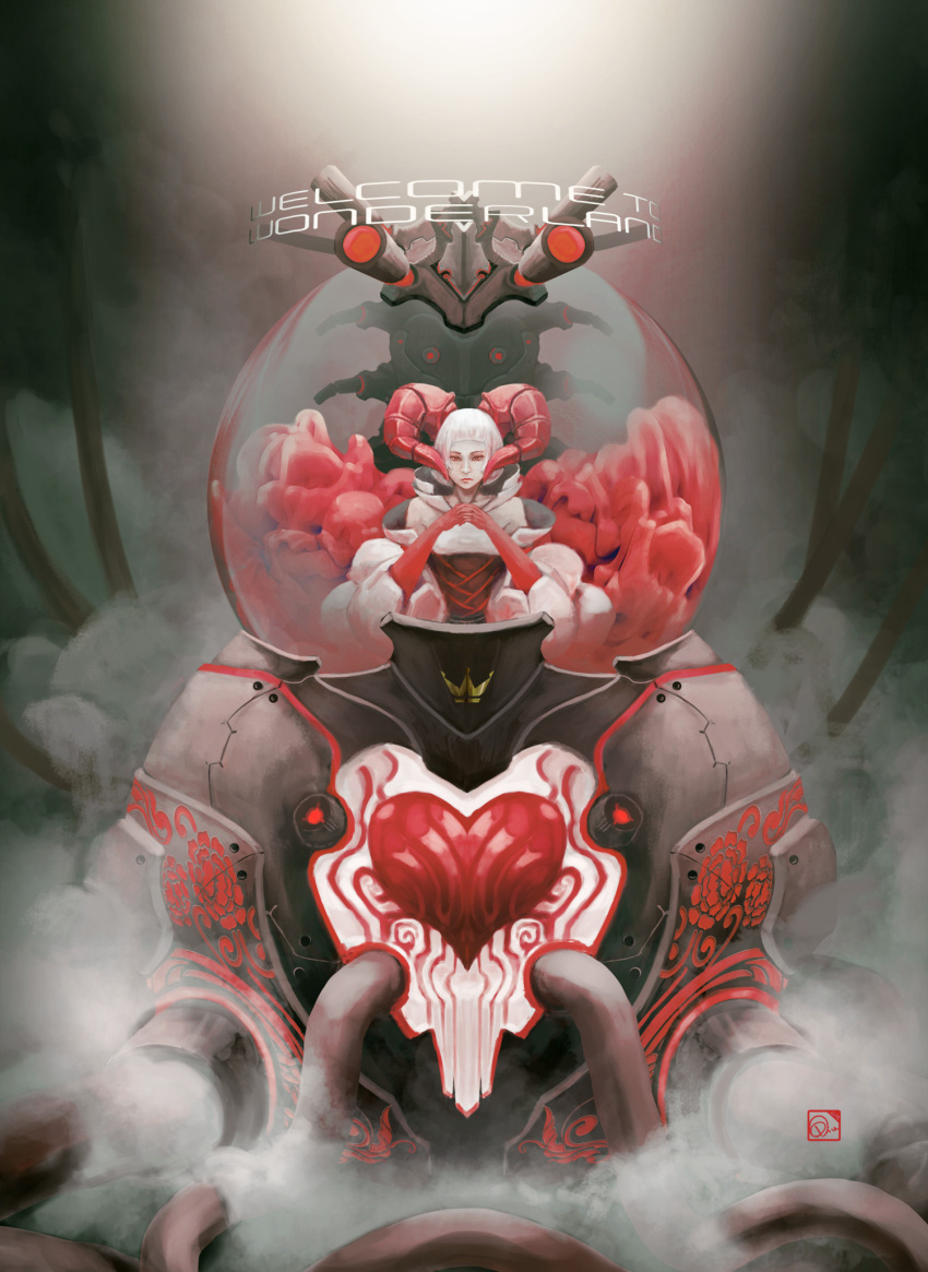 1girl alice_in_wonderland artist_logo bare_shoulders cannon character_design_challenge circling_text closed_mouth cockpit commentary concept_art corset crown curled_horns demon_horns dome elbow_gloves english_commentary english_text flower forward_facing_horns frown glass_dome gloves heart highres horns industrial_pipe lips machine machinery mecha mechanical_parts medium_bangs medium_hair melting_heart original ornate outdoors own_hands_together puffy_sleeves queen_of_hearts_(alice_in_wonderland) red_eyes red_gloves red_horns rivenline robot rose steam steampunk straight-on vehicle_focus white_hair