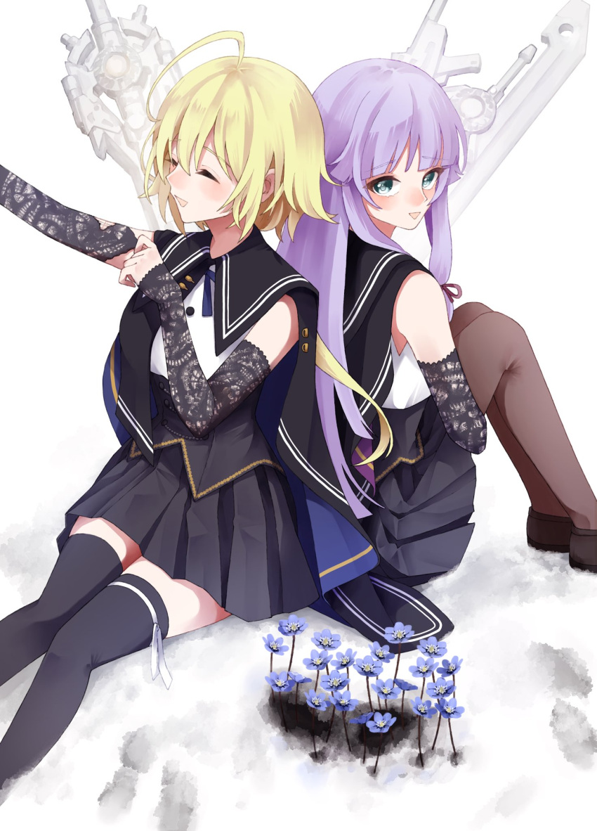 2girls ahoge amahara_nue amano_soraha aqua_eyes arm_up assault_lily back-to-back banshouya_ena bare_shoulders black_cape black_footwear black_skirt black_thighhighs blonde_hair blue_flower blunt_bangs blunt_ends blush brown_pantyhose buttons cape closed_eyes commentary_request detached_sleeves feet_out_of_frame flower hair_between_eyes hand_up highres hugging_own_legs knees_up lace_sleeves leg_ribbon long_hair long_sleeves looking_at_viewer looking_to_the_side low_ponytail miniskirt multiple_girls neck_ribbon outstretched_arm pantyhose parted_lips planted planted_sword pleated_skirt ponytail purple_hair ribbon school_uniform shirt shoes sidelocks simple_background sitting skirt sleeveless sleeveless_shirt sleeves_past_wrists smile sword thigh-highs thigh_ribbon two-sided_cape two-sided_fabric underbust very_long_hair weapon white_background white_ribbon white_shirt yurigaoka_girls_academy_school_uniform zettai_ryouiki
