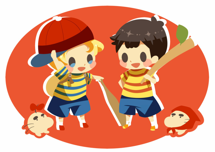 2boys backpack bag baseball_bat baseball_cap black_hair blonde_hair blue_shorts blush_stickers brown_bag chibi cosplay costume_switch doseisan drop_shadow full_body hat hitofutarai holding holding_baseball_bat holding_stick looking_at_another lucas_(mother_3) male_focus mother_(game) mother_2 mother_3 multiple_boys ness_(mother_2) open_mouth orange_footwear red_footwear red_headwear shirt short_hair shorts sideways_hat standing stick striped striped_shirt