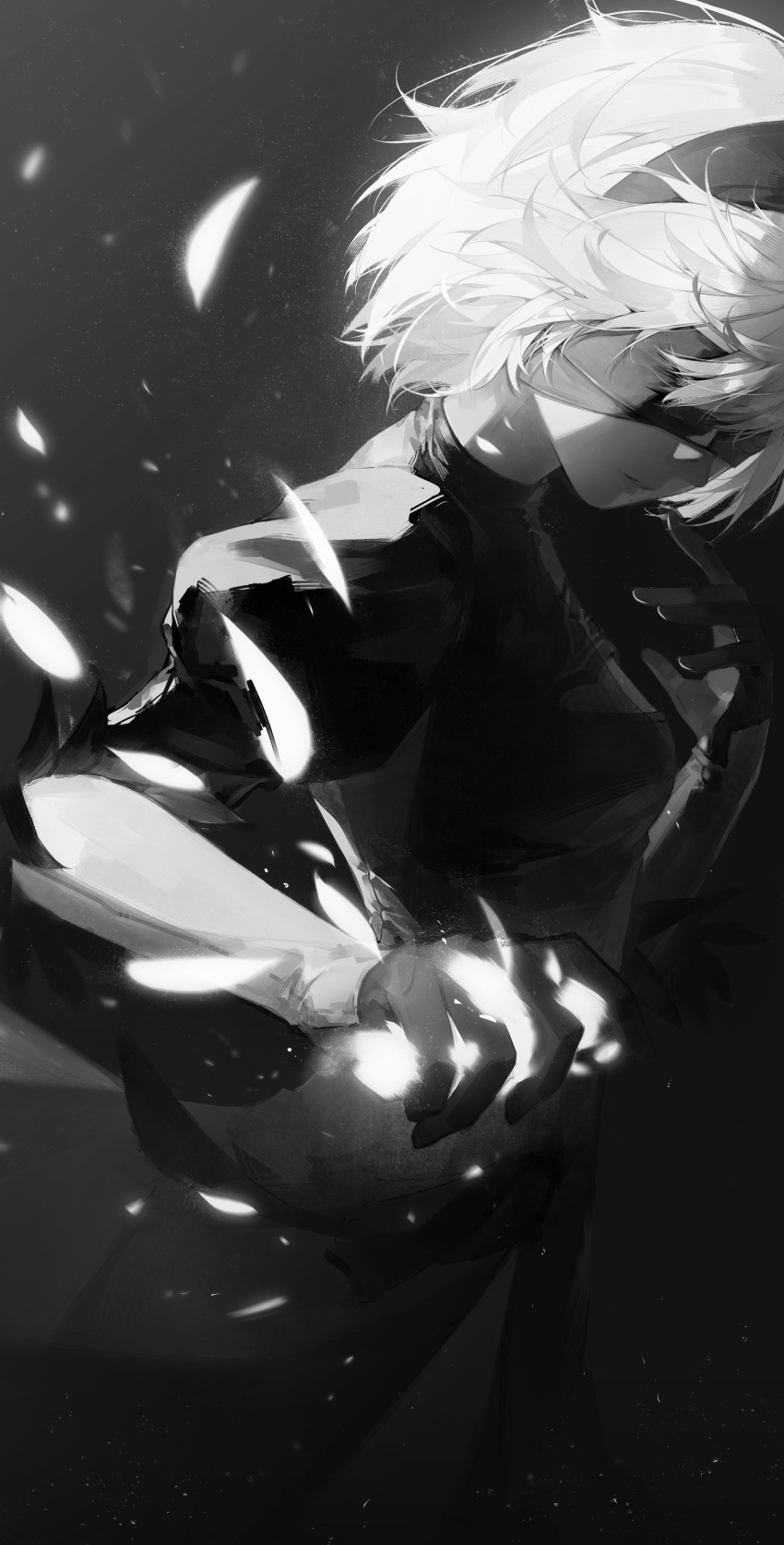 1girl 2b_(nier:automata) absurdres blindfold breasts cleavage_cutout clothing_cutout dress elbow_gloves feather-trimmed_sleeves gloves greyscale hairband hand_up highres juliet_sleeves light_particles long_sleeves mole mole_under_mouth monochrome monocle nery nier:automata nier_(series) puffy_sleeves short_hair side_slit small_breasts solo upper_body
