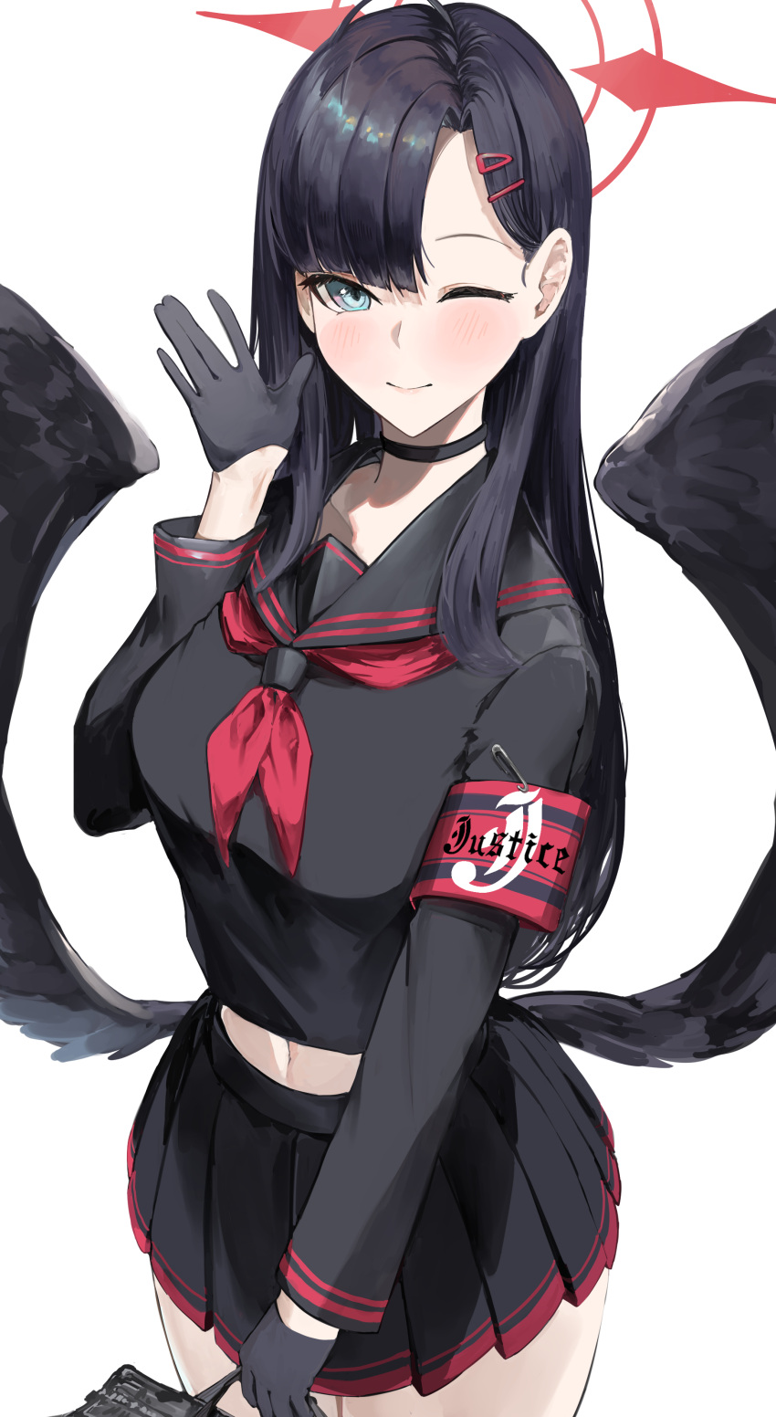 1girl absurdres black_choker black_gloves black_shirt black_skirt black_wings blue_archive choker closed_mouth feathered_wings gloves grey_eyes halo highres ichika_(blue_archive) kajuu light_blush long_sleeves looking_at_viewer low_wings one_eye_closed pleated_skirt red_halo shirt simple_background skirt smile solo standing white_background wings