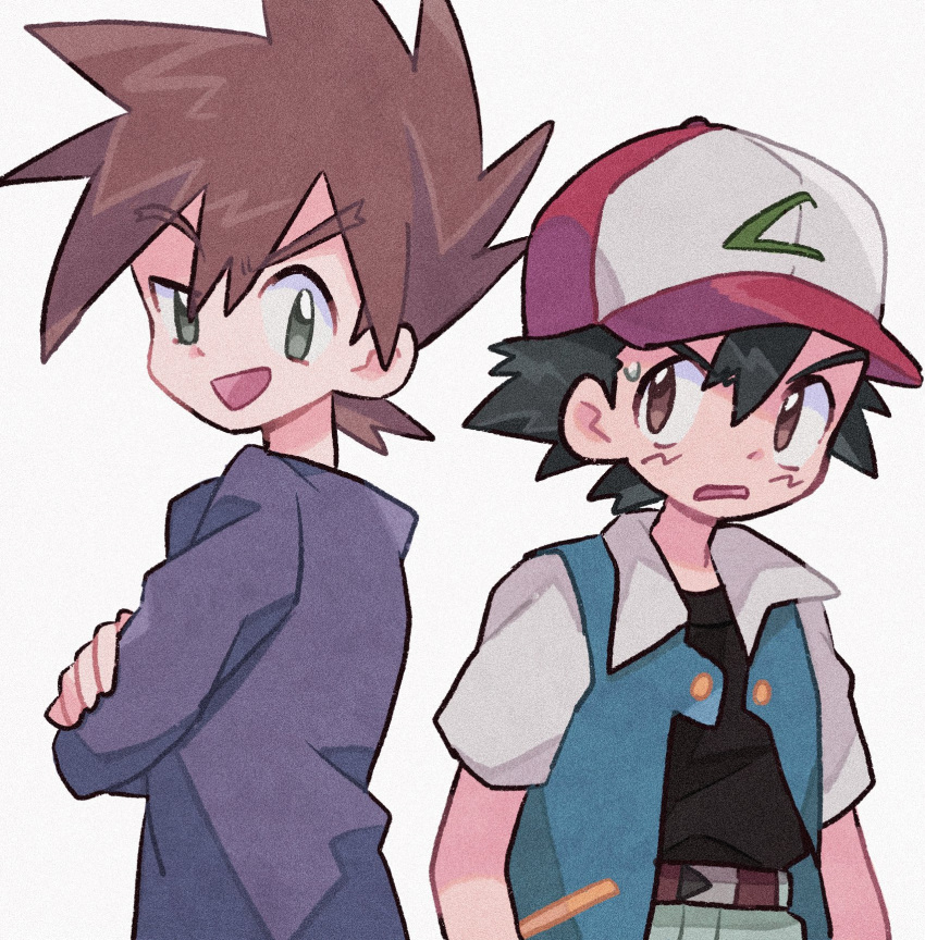 2boys annoyed ash_ketchum baseball_cap belt black_hair black_shirt blue_jacket blue_oak brown_belt brown_eyes brown_hair collared_jacket commentary crossed_arms green_eyes green_pants hat high_collar highres jacket long_sleeves looking_at_another looking_back male_focus mgomurainu multicolored_clothes multicolored_headwear multiple_boys open_mouth pants pokemon pokemon_(anime) pokemon_(classic_anime) purple_shirt raised_eyebrow shirt short_hair simple_background smile spiky_hair sweatdrop upper_body white_background
