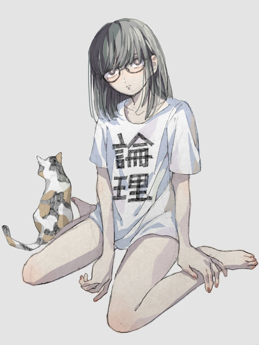1girl absurdres bare_legs barefoot cat closed_mouth collarbone commentary full_body glasses grey_eyes grey_hair highres looking_at_viewer medium_hair naked_shirt original shirt short_sleeves sitting solo sunago_(7100nu) translated wariza white_shirt