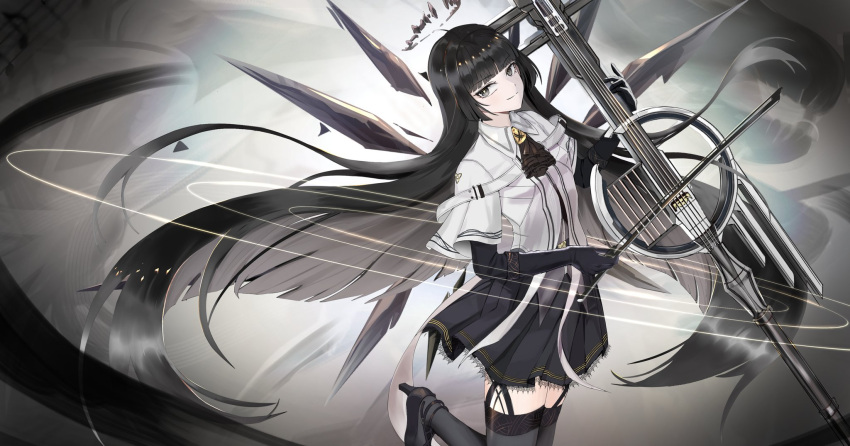 1girl absurdly_long_hair ahoge arknights ascot backlighting belt belt_buckle black_ascot black_belt black_bustier black_footwear black_garter_straps black_gloves black_hair black_halo black_skirt black_thighhighs black_wings blunt_bangs bow_(music) breasts bright_pupils broken_halo buckle bustier cello closed_mouth collared_jacket colored_inner_hair commentary dark_halo detached_wings dress_shirt energy_wings floating floating_hair foot_out_of_frame from_side garter_straps gloves grey_eyes grey_hair grey_shirt halo hand_up high_heels highres hime_cut holding holding_bow_(music) holding_instrument holding_violin instrument jacket layered_sleeves light_smile long_hair long_sleeves looking_at_viewer looking_to_the_side miniskirt mole mole_under_eye multicolored_hair music musical_note pale_skin playing playing_instrument pleated_skirt rei_yagami shirt short_over_long_sleeves short_sleeved_jacket short_sleeves sidelocks skirt small_breasts solo staff_(music) straight_hair strap strappy_heels thigh-highs two-tone_hair very_long_hair violin virtuosa_(arknights) white_jacket white_pupils wide_sleeves wing_collar wings zettai_ryouiki