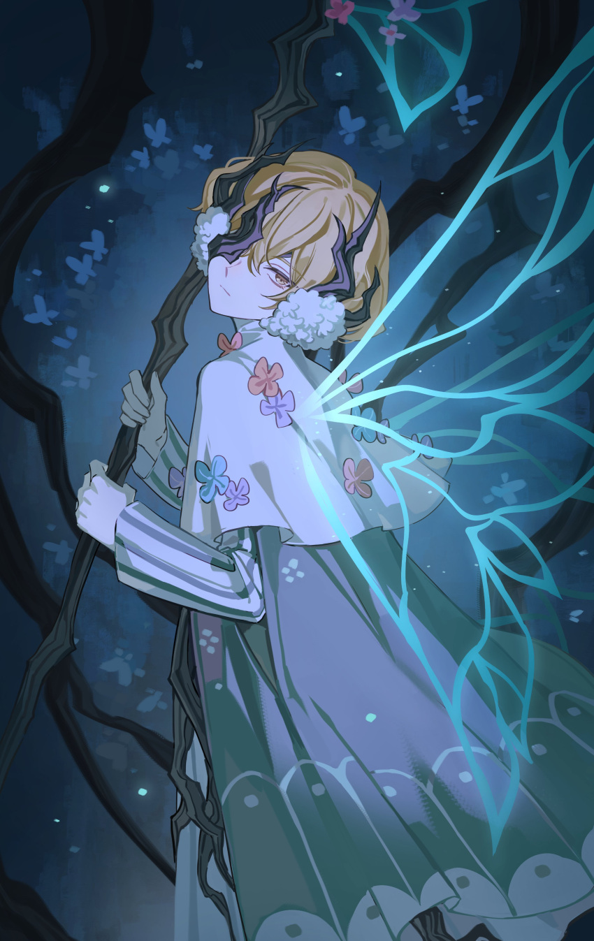 1boy absurdres bishounen blonde_hair cowboy_shot earmuffs ebf7l fairy fairy_wings highres limbus_company male_focus project_moon roots short_hair sinclair_(project_moon) solo wings yellow_eyes