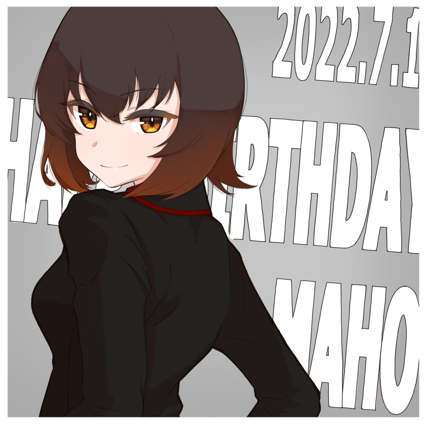 1girl absurdres birthday black_jacket brown_eyes brown_hair character_name closed_mouth commentary dated english_text from_side girls_und_panzer grey_background happy_birthday highres jacket kuromorimine_military_uniform long_sleeves looking_at_viewer looking_back military_uniform nishizumi_maho oritako short_hair smile solo text_background uniform