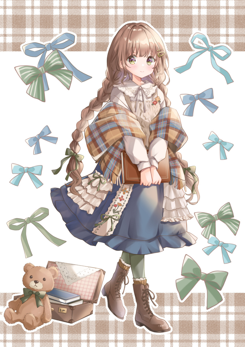 1girl blue_bow blue_skirt book boots bow braid brown_footwear brown_hair green_bow green_eyes hair_bow highres holding holding_book hoshiibara_mato looking_at_viewer low_twin_braids original skirt smile solo stuffed_animal stuffed_toy teddy_bear twin_braids walking