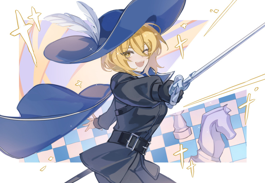 1girl absurdres black_suit blonde_hair chess_piece don_quixote_(project_moon) ebf7l hat hat_feather highres knight_(chess) limbus_company musketeer one_eye_closed project_moon short_hair solo sparkle suit